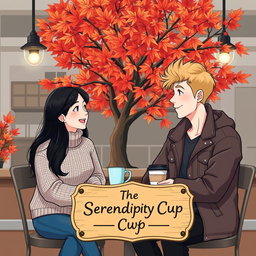 An illustration depicting two strangers, an Indonesian girl with long black hair wearing a stylish sweater, and a Canadian boy with short blond hair dressed in a casual jacket, sitting together in a quaint coffee shop in Vancouver