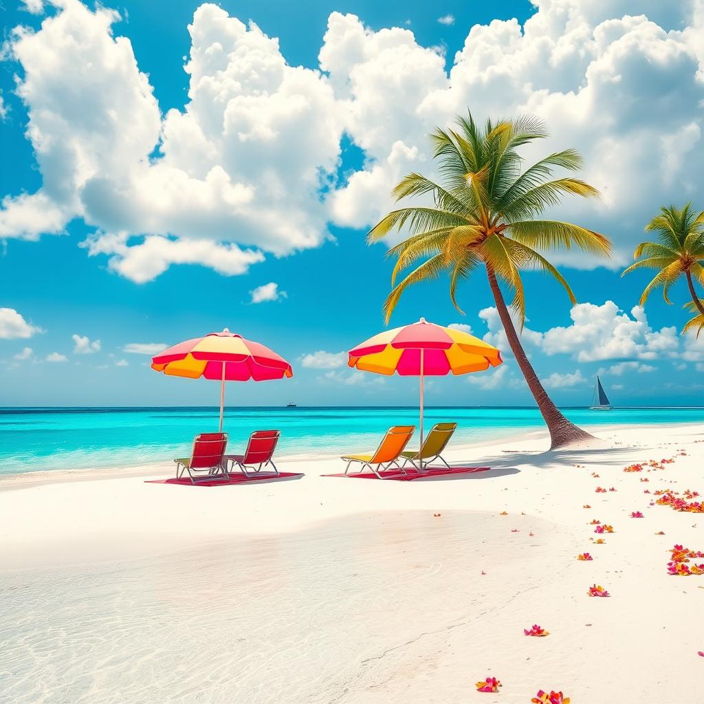 A vibrant and colorful representation of a radiant, sun-soaked beach with crystal clear turquoise waters gently lapping at the shore