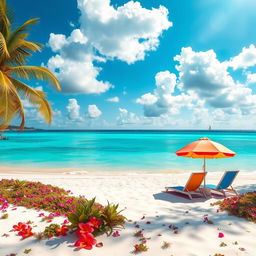 A vibrant and colorful representation of a radiant, sun-soaked beach with crystal clear turquoise waters gently lapping at the shore