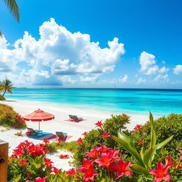 A vibrant and colorful representation of a radiant, sun-soaked beach with crystal clear turquoise waters gently lapping at the shore