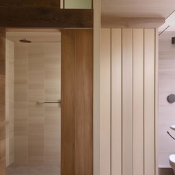 A modern, well-appointed bathroom featuring brown and ivory wooden tile planks, creating a warm and inviting ambiance.