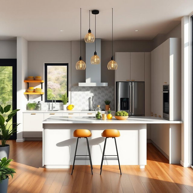 A beautifully designed 10x12 kitchen showcasing a modern aesthetic with sleek, minimalist cabinetry, a spacious island with bar seating, and state-of-the-art appliances