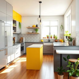 A beautifully designed 10x12 kitchen showcasing a modern aesthetic with sleek, minimalist cabinetry, a spacious island with bar seating, and state-of-the-art appliances