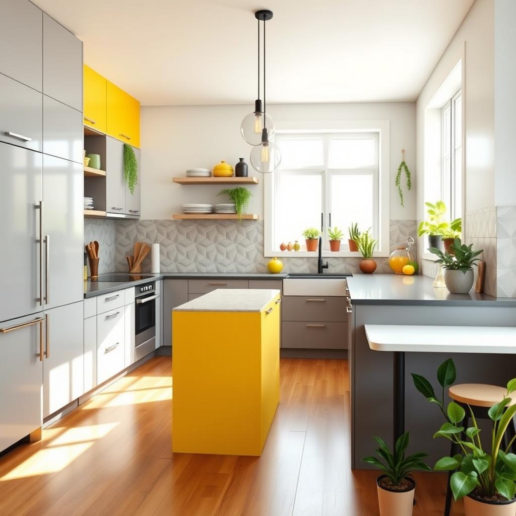 A beautifully designed 10x12 kitchen showcasing a modern aesthetic with sleek, minimalist cabinetry, a spacious island with bar seating, and state-of-the-art appliances
