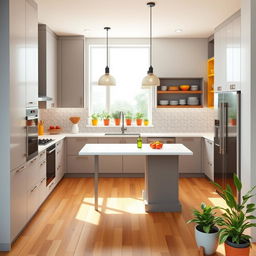 A beautifully designed 10x12 kitchen showcasing a modern aesthetic with sleek, minimalist cabinetry, a spacious island with bar seating, and state-of-the-art appliances