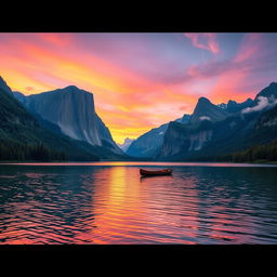 a serene and picturesque landscape at sunset, featuring a calm lake surrounded by towering mountains with lush green trees, the sky painted in oranges, pinks, and purples, gentle ripples on the water reflecting the vibrant colors above, soft wispy clouds, and a lone canoe drifting on the lake, evoking a sense of tranquility and peace