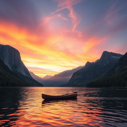 a serene and picturesque landscape at sunset, featuring a calm lake surrounded by towering mountains with lush green trees, the sky painted in oranges, pinks, and purples, gentle ripples on the water reflecting the vibrant colors above, soft wispy clouds, and a lone canoe drifting on the lake, evoking a sense of tranquility and peace