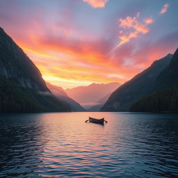 a serene and picturesque landscape at sunset, featuring a calm lake surrounded by towering mountains with lush green trees, the sky painted in oranges, pinks, and purples, gentle ripples on the water reflecting the vibrant colors above, soft wispy clouds, and a lone canoe drifting on the lake, evoking a sense of tranquility and peace