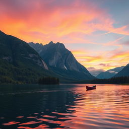 a serene and picturesque landscape at sunset, featuring a calm lake surrounded by towering mountains with lush green trees, the sky painted in oranges, pinks, and purples, gentle ripples on the water reflecting the vibrant colors above, soft wispy clouds, and a lone canoe drifting on the lake, evoking a sense of tranquility and peace