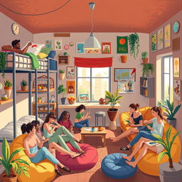 An artistic representation of a cozy and lively hostel environment