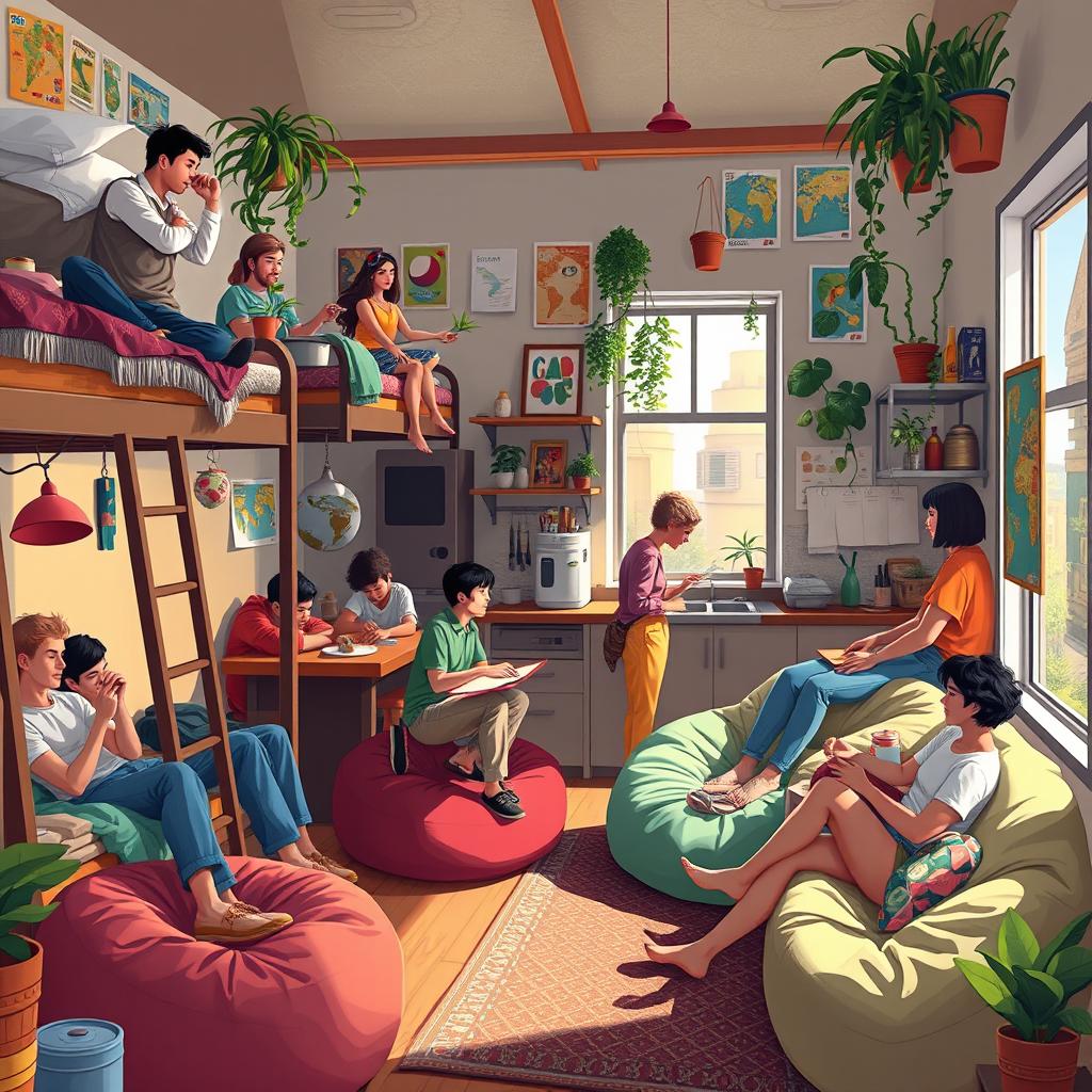 An artistic representation of a cozy and lively hostel environment