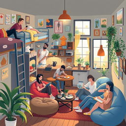An artistic representation of a cozy and lively hostel environment