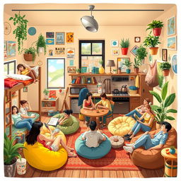 An artistic representation of a cozy and lively hostel environment
