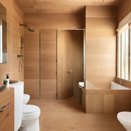 A modern, well-appointed bathroom featuring brown and ivory wooden tile planks, creating a warm and inviting ambiance.