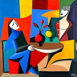 A vibrant and abstract composition in the Cubism style of Pablo Picasso, featuring geometric shapes and fragmented forms