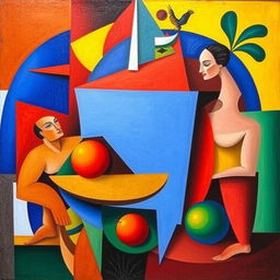 A vibrant and abstract composition in the Cubism style of Pablo Picasso, featuring geometric shapes and fragmented forms