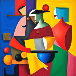 A vibrant and abstract composition in the Cubism style of Pablo Picasso, featuring geometric shapes and fragmented forms