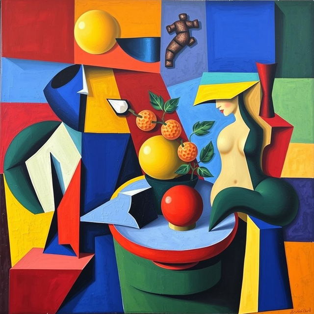 A vibrant and abstract composition in the Cubism style of Pablo Picasso, featuring geometric shapes and fragmented forms