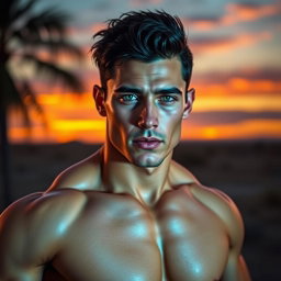 A handsome muscular man with striking black hair and vibrant green eyes, showcasing a confident pose