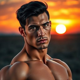 A handsome muscular man with striking black hair and vibrant green eyes, showcasing a confident pose