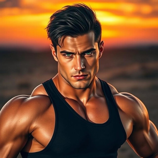 A handsome muscular man with striking black hair and vibrant green eyes, showcasing a confident pose