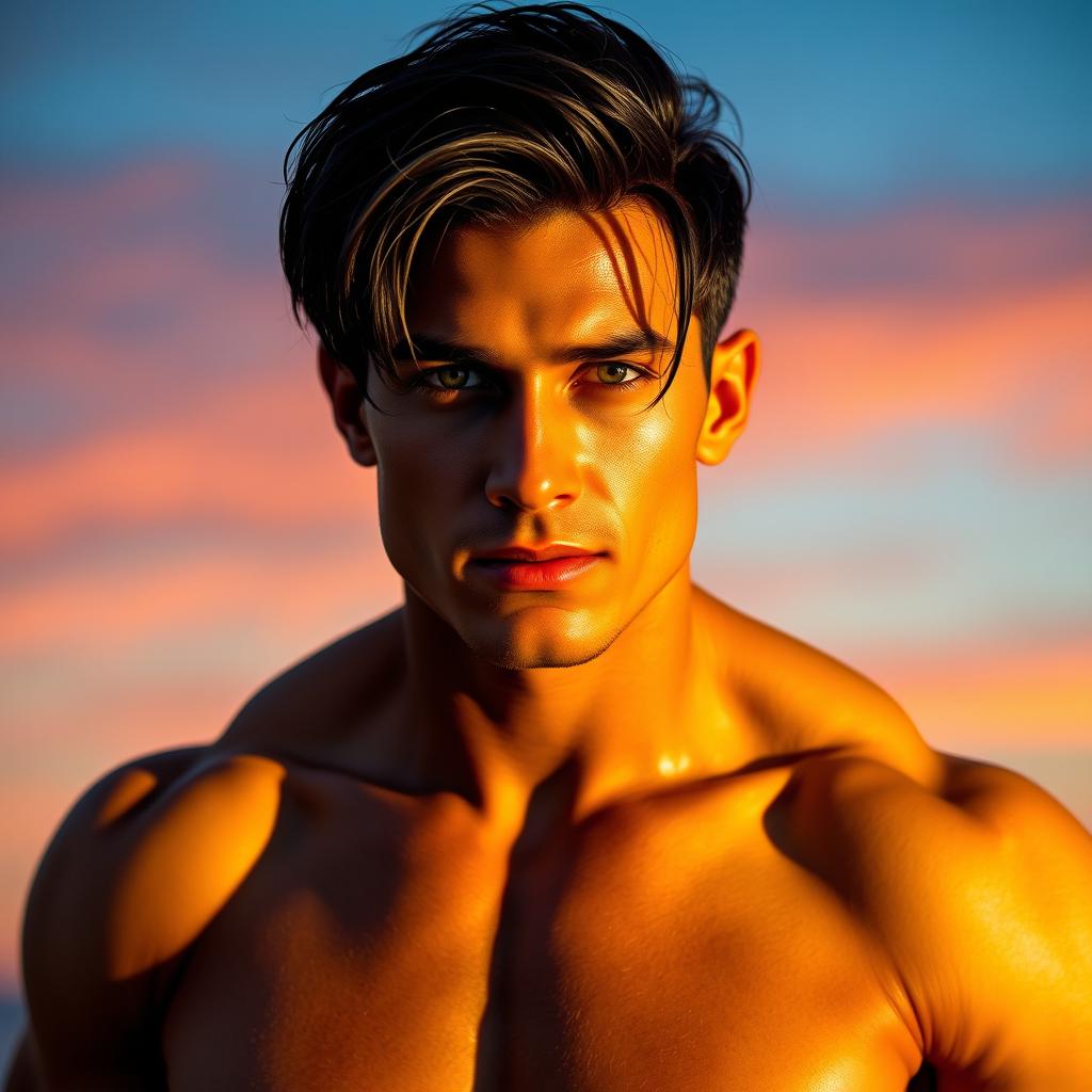 A handsome muscular man with striking black hair and vibrant green eyes, showcasing a confident pose