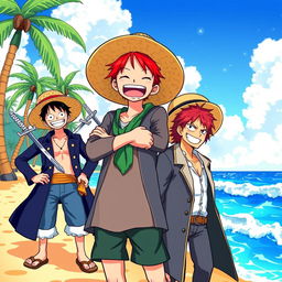 An anime-style illustration set on a vibrant and colorful beach, featuring iconic characters: Luffy from One Piece, with his signature straw hat and joyful expression; Zoro, wielding swords with a determined look, his green bandana tied around his arm; Trafalgar Law, with his stylish coat and trademark straw hat; and Shanks, with his red hair, wearing a long black jacket and a mischievous grin