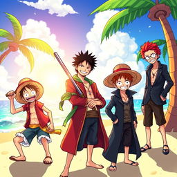 An anime-style illustration set on a vibrant and colorful beach, featuring iconic characters: Luffy from One Piece, with his signature straw hat and joyful expression; Zoro, wielding swords with a determined look, his green bandana tied around his arm; Trafalgar Law, with his stylish coat and trademark straw hat; and Shanks, with his red hair, wearing a long black jacket and a mischievous grin