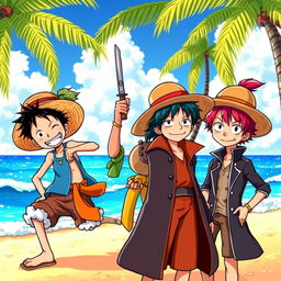 An anime-style illustration set on a vibrant and colorful beach, featuring iconic characters: Luffy from One Piece, with his signature straw hat and joyful expression; Zoro, wielding swords with a determined look, his green bandana tied around his arm; Trafalgar Law, with his stylish coat and trademark straw hat; and Shanks, with his red hair, wearing a long black jacket and a mischievous grin