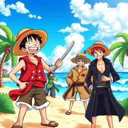 An anime-style illustration set on a vibrant and colorful beach, featuring iconic characters: Luffy from One Piece, with his signature straw hat and joyful expression; Zoro, wielding swords with a determined look, his green bandana tied around his arm; Trafalgar Law, with his stylish coat and trademark straw hat; and Shanks, with his red hair, wearing a long black jacket and a mischievous grin