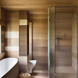 A cozy, contemporary bathroom tastefully decorated with precisely-sized 6x37 inches brown and ivory wooden tile planks, lending a spacious and welcoming air.