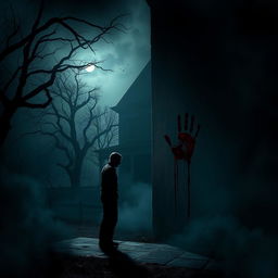A gripping horror scene depicting a dark, eerie atmosphere with ominous shadows and dripping blood