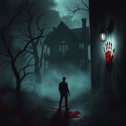 A gripping horror scene depicting a dark, eerie atmosphere with ominous shadows and dripping blood