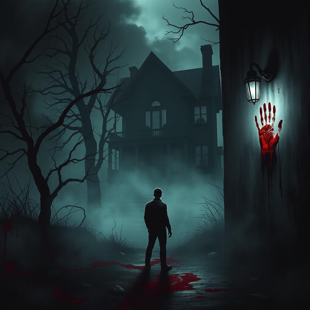 A gripping horror scene depicting a dark, eerie atmosphere with ominous shadows and dripping blood