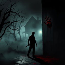 A gripping horror scene depicting a dark, eerie atmosphere with ominous shadows and dripping blood