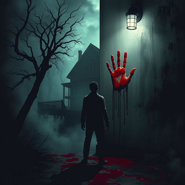 A gripping horror scene depicting a dark, eerie atmosphere with ominous shadows and dripping blood