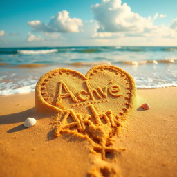 A beautiful scene of a beach with golden sand, where a love shape is elegantly drawn in the sand, featuring the name 'Akhi' artfully embedded within the heart shape