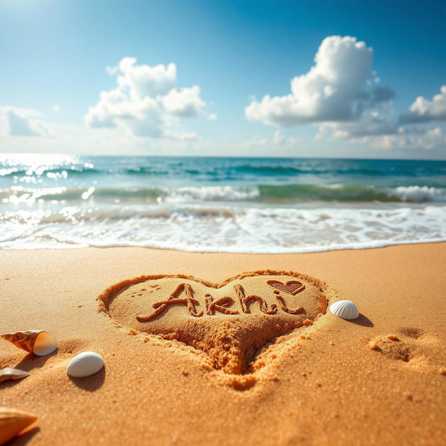 A beautiful scene of a beach with golden sand, where a love shape is elegantly drawn in the sand, featuring the name 'Akhi' artfully embedded within the heart shape