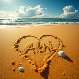 A beautiful scene of a beach with golden sand, where a love shape is elegantly drawn in the sand, featuring the name 'Akhi' artfully embedded within the heart shape