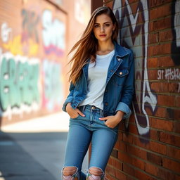 A stylish young woman in a trendy urban setting, wearing a classic blue denim jacket over a white t-shirt, with ripped skinny jeans and colorful sneakers