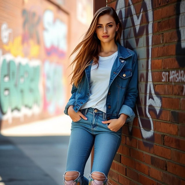 A stylish young woman in a trendy urban setting, wearing a classic blue denim jacket over a white t-shirt, with ripped skinny jeans and colorful sneakers