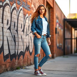 A stylish young woman in a trendy urban setting, wearing a classic blue denim jacket over a white t-shirt, with ripped skinny jeans and colorful sneakers