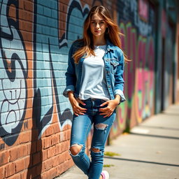 A stylish young woman in a trendy urban setting, wearing a classic blue denim jacket over a white t-shirt, with ripped skinny jeans and colorful sneakers