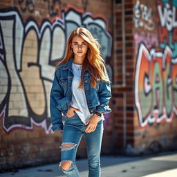 A stylish young woman in a trendy urban setting, wearing a classic blue denim jacket over a white t-shirt, with ripped skinny jeans and colorful sneakers