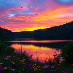 A serene landscape featuring a vibrant sunset over a tranquil lake surrounded by lush green forests