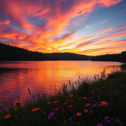 A serene landscape featuring a vibrant sunset over a tranquil lake surrounded by lush green forests