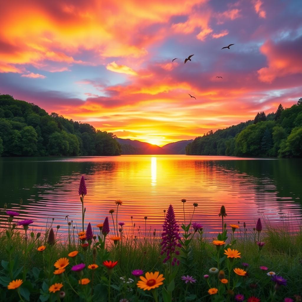 A serene landscape featuring a vibrant sunset over a tranquil lake surrounded by lush green forests