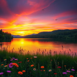 A serene landscape featuring a vibrant sunset over a tranquil lake surrounded by lush green forests