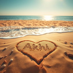 A picturesque scene of a sandy beach where a heart shape is artistically drawn in the soft, golden sand, prominently featuring the name 'Akhi' stylized within the heart