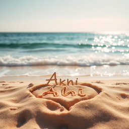 A picturesque scene of a sandy beach where a heart shape is artistically drawn in the soft, golden sand, prominently featuring the name 'Akhi' stylized within the heart